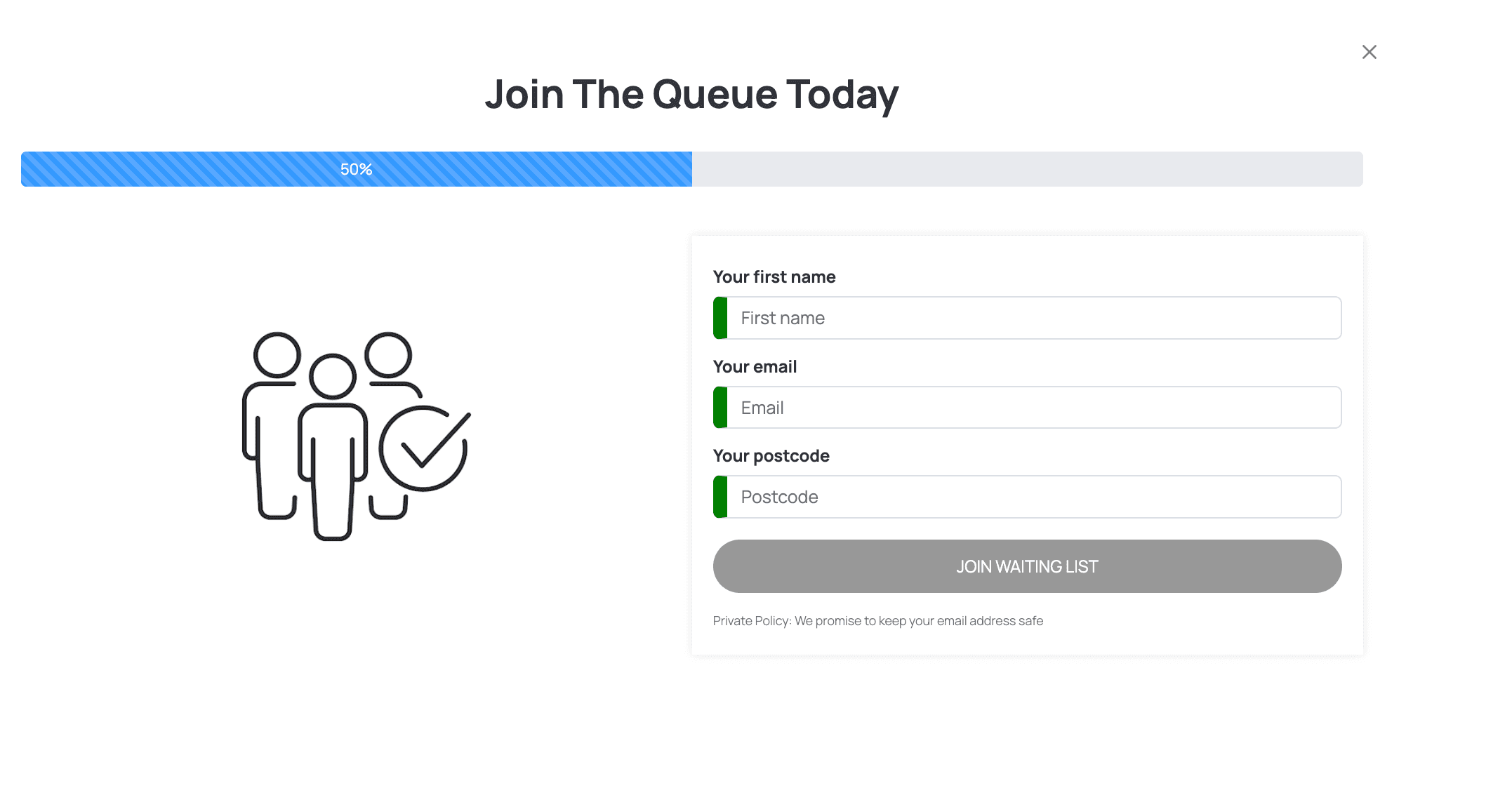 screenshot of waiting list form modal
