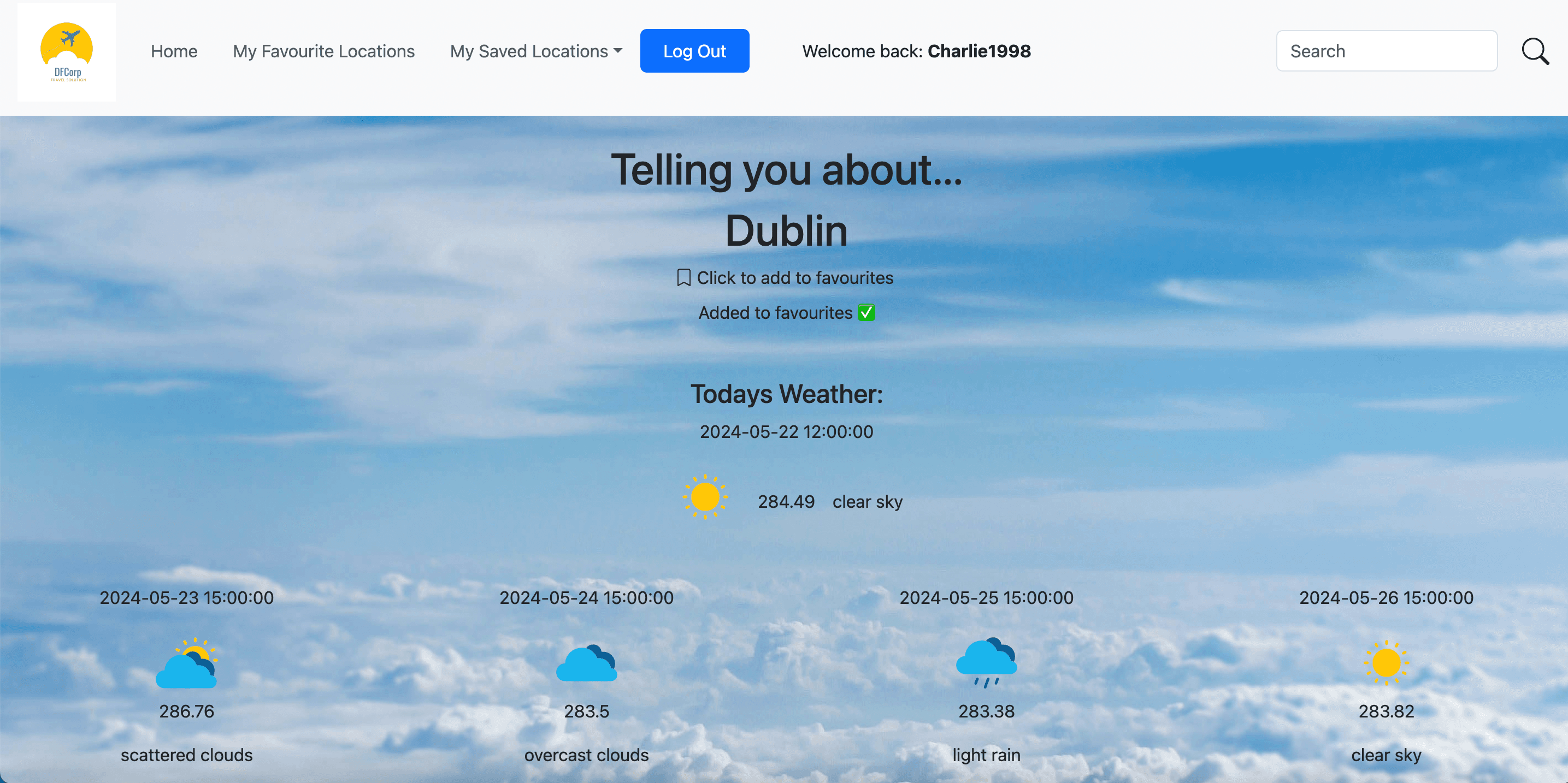 screenshot of dublin weather page with favourites ticked