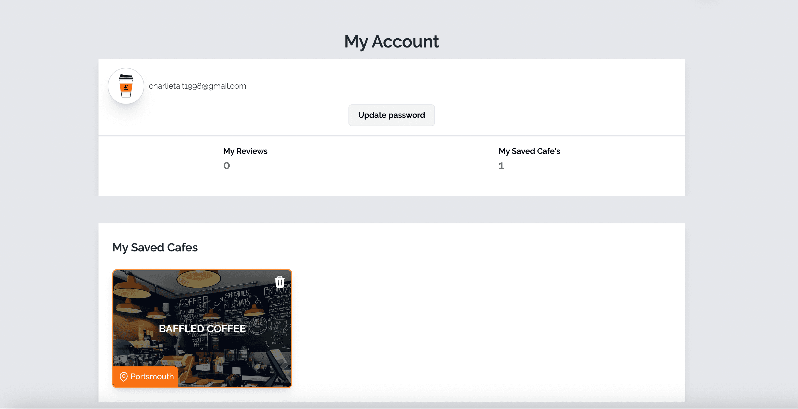screenshot of account page