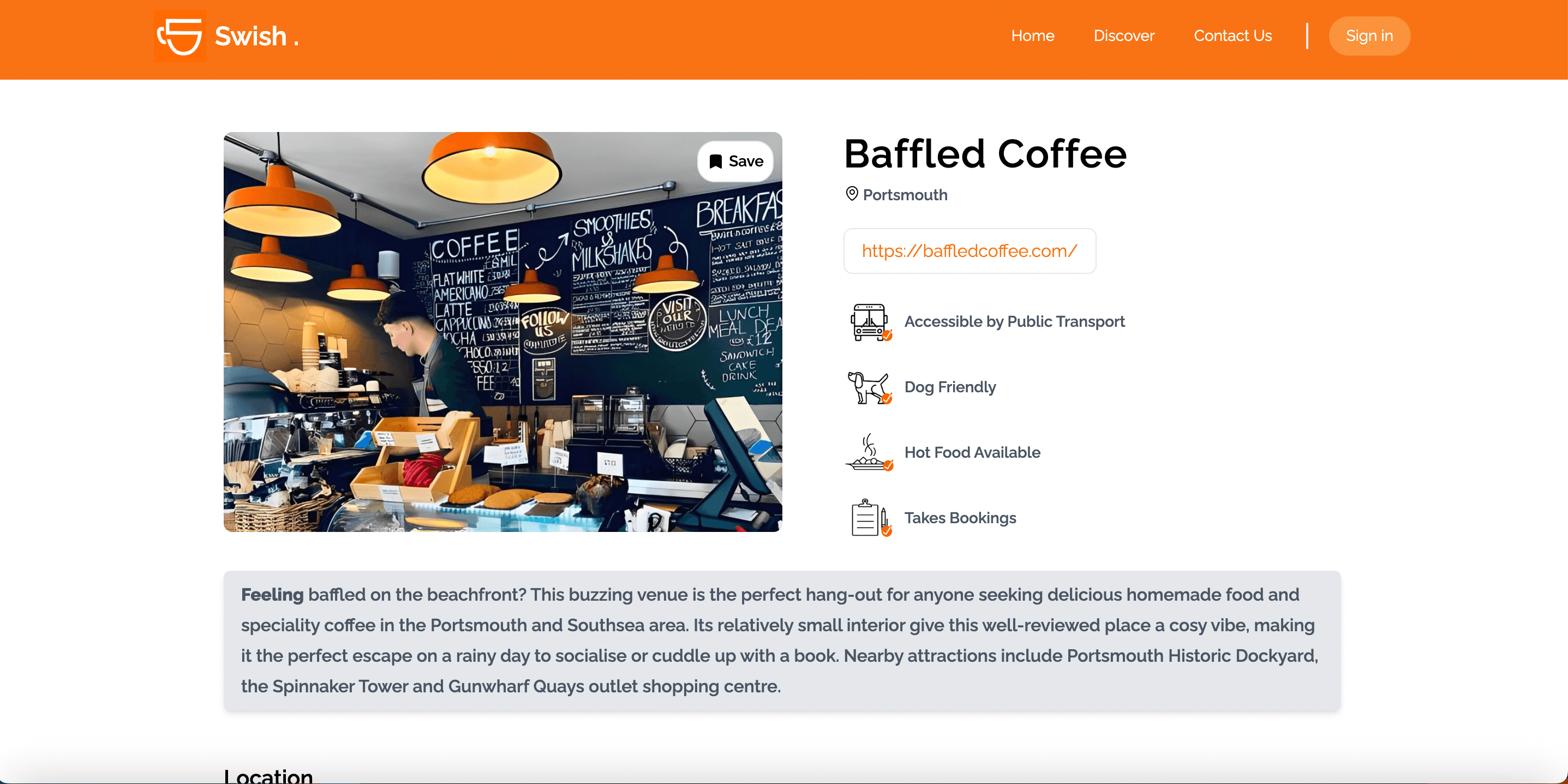 screenshot of cafe page on desktop