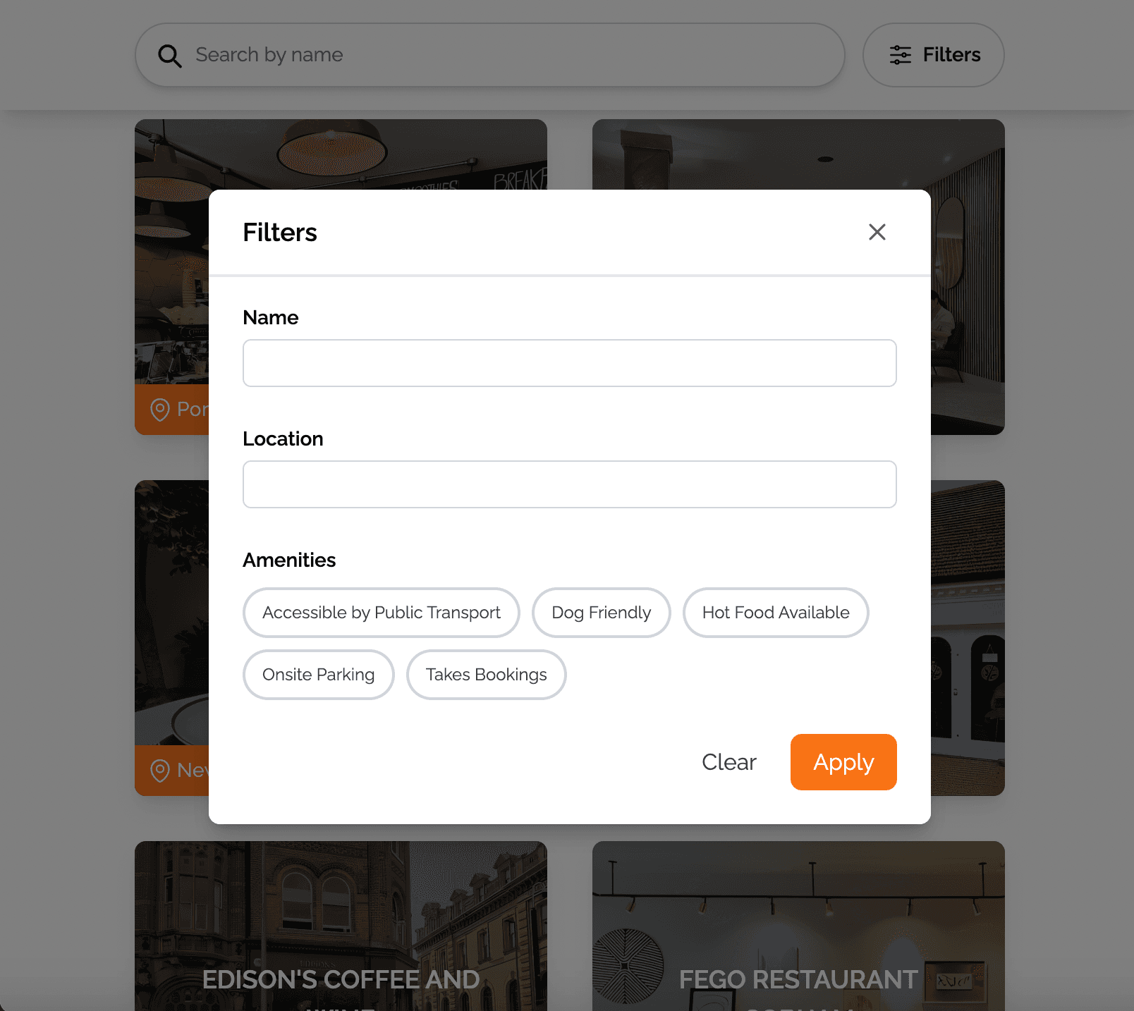 screenshot of filters on mobile